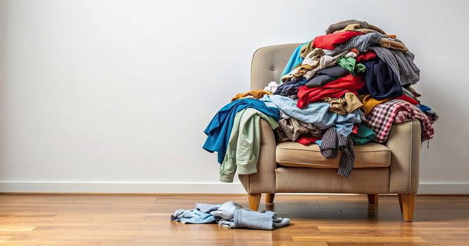 Silla llena de ropa de colores con prendas en el suelo