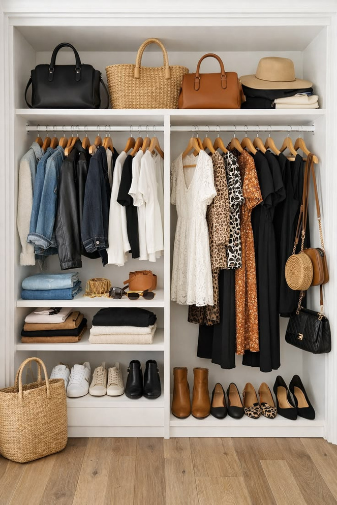 Clóset organizado con ropa, bolsos y zapatos